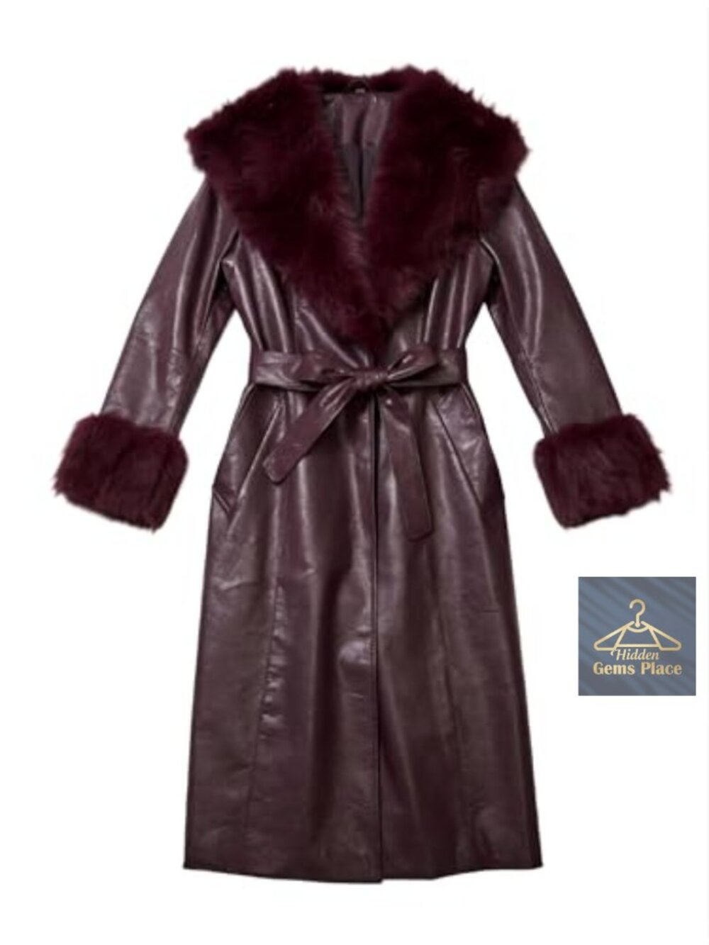 Wine Red Faux Leather Coat with Faux Fur Collar, Long Sleeve Belted Winter Coat